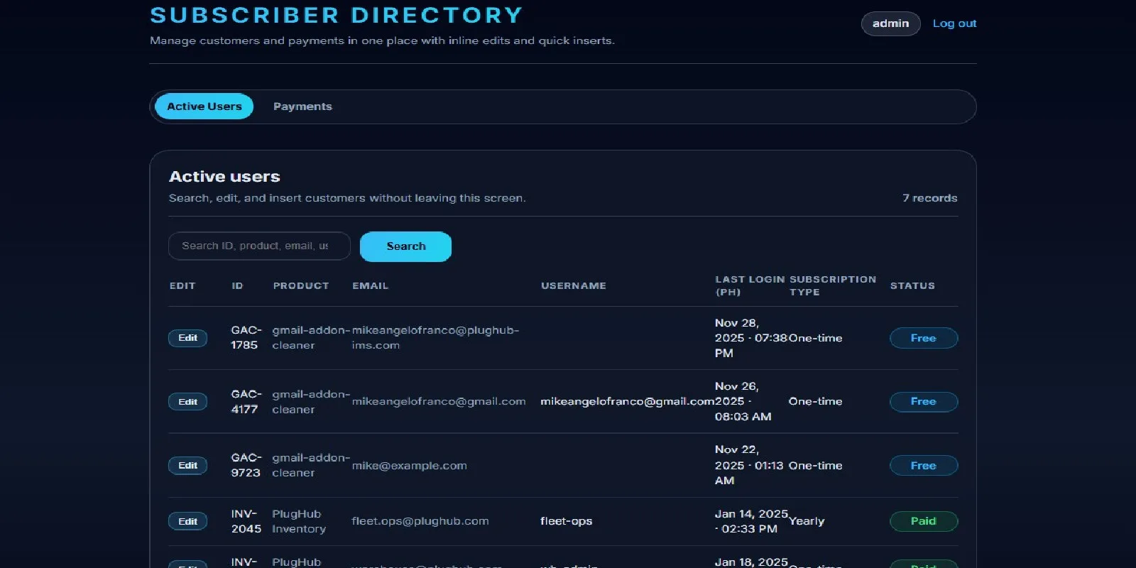 Subscriber And Payments Dashboard - Django